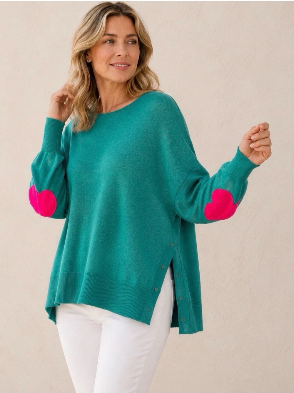 Mersea Womens Amour Sweater Teal Blue w/ Pink Heart Elbow Patches OS One Size